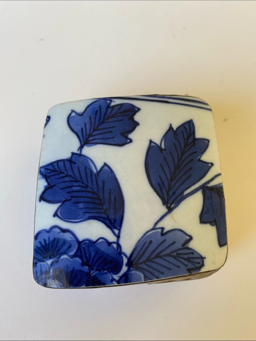 Vintage Asian Hand Painted Porcelain Shard Top Silver Tone Trinket Box